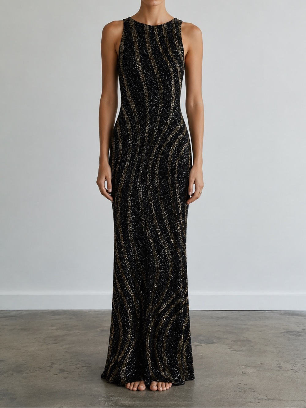 Vintage Cache Black & Gold Sparkle High Neck Open Back Full Length Dress XS Y2K